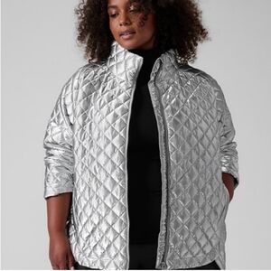 Athleta Whisper Featherless Metallic Jacket Silver Full Zip Puffer Quilted 2X